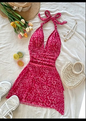Pembe Bağlamalı Halter Yaka Mini Elbise