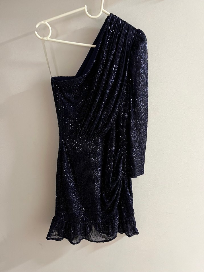 Tek Omuzlu Lacivert Payetli Abiye Elbise - Görsel 2