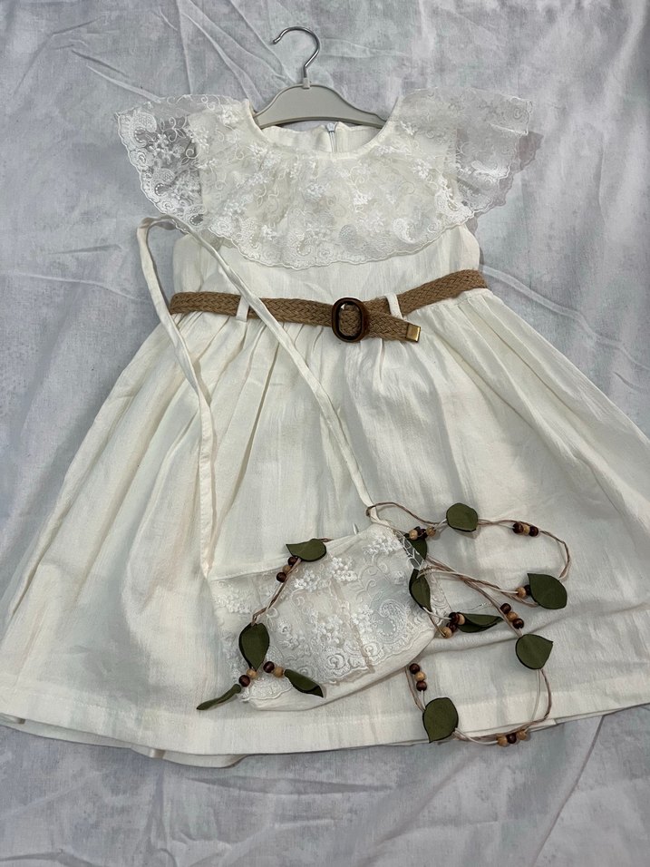 Dantel Detaylı Beyaz Bohem Kız Elbisesi ve çantalı - Görsel 2