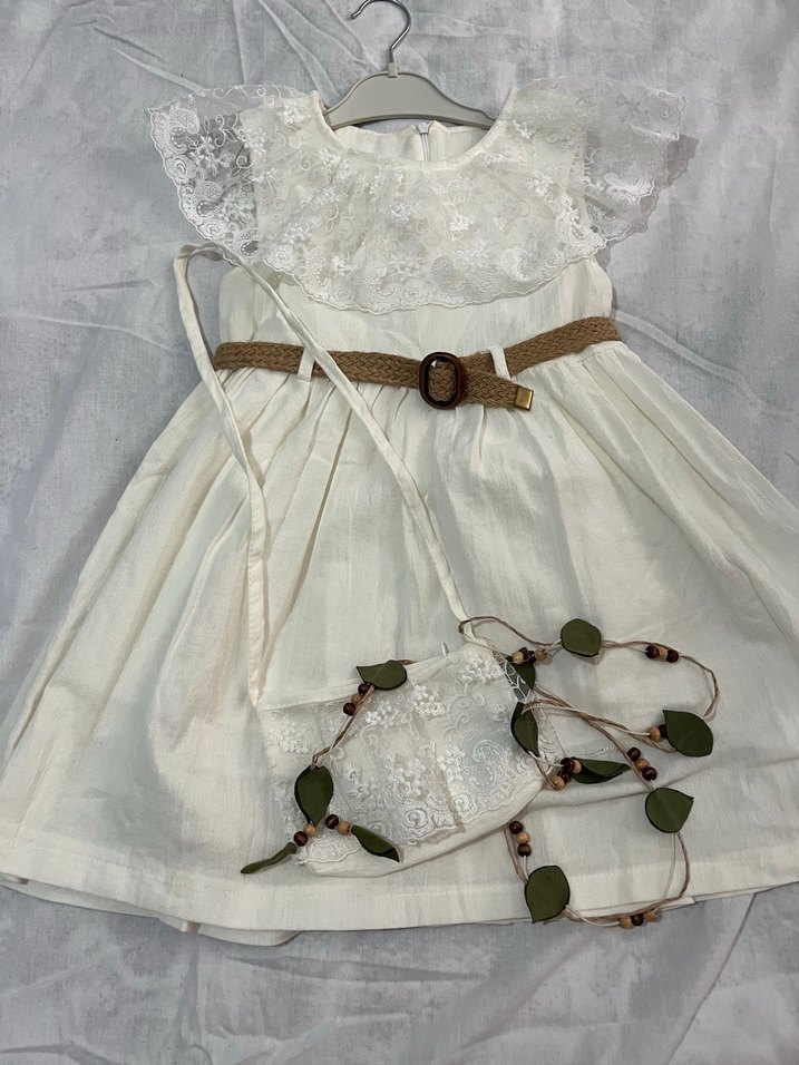 Dantel Detaylı Beyaz Bohem Kız Elbisesi ve çantalı - Görsel 4