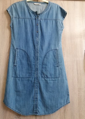Düğmeli Mavi Denim Midi Elbise