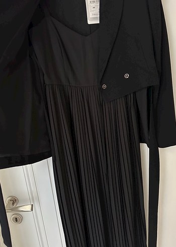 Kadın Siyah Pilili askılı elbise ve ceket takım - Görsel 4
