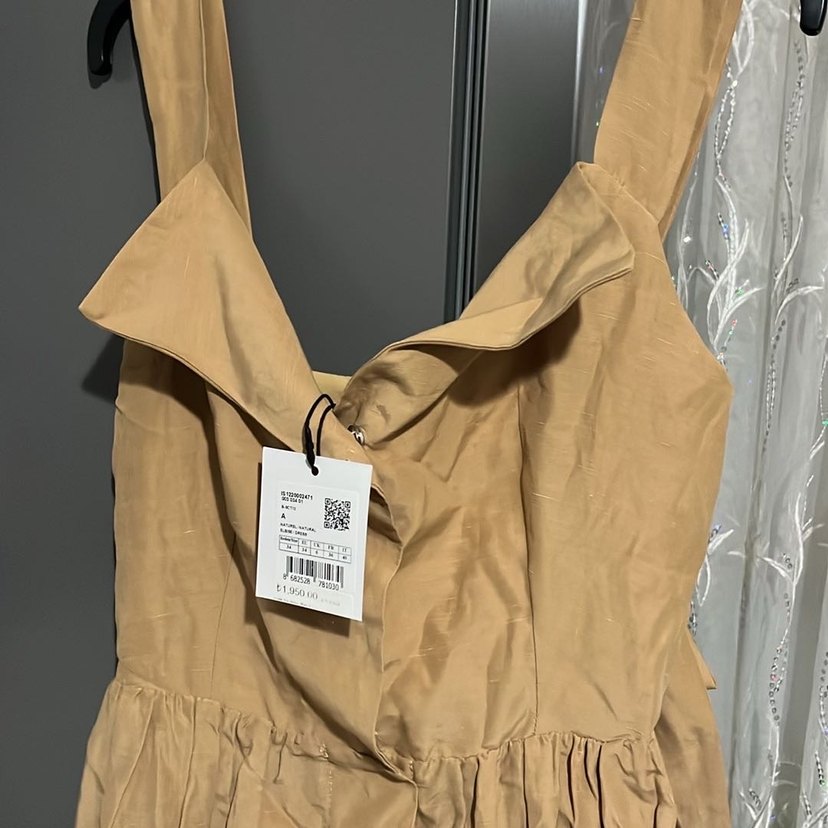 Bej Keten Askılı Salaş Uzun Elbise - Görsel 2