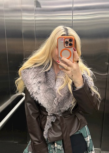 Gri Deri ve Kürk Detaylı Kadın Ceket - Görsel 8