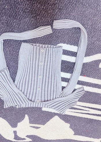 Gri Çizgili Strappy Triko Kadın Kazak - Görsel 5