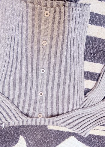 Gri Çizgili Strappy Triko Kadın Kazak - Görsel 3