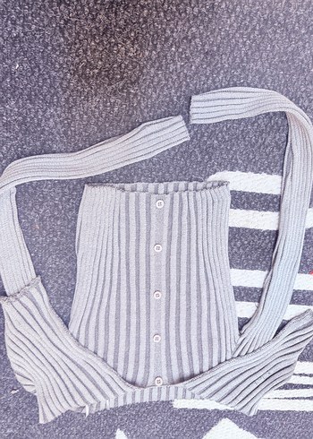 Gri Çizgili Strappy Triko Kadın Kazak - Görsel 2