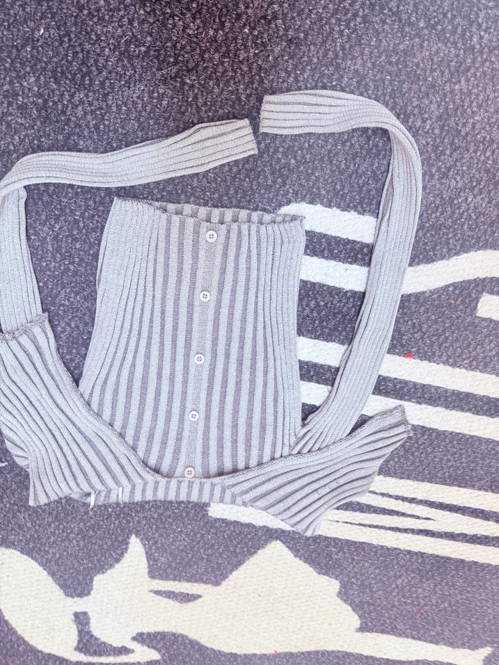 Gri Çizgili Strappy Triko Kadın Kazak - Görsel 5