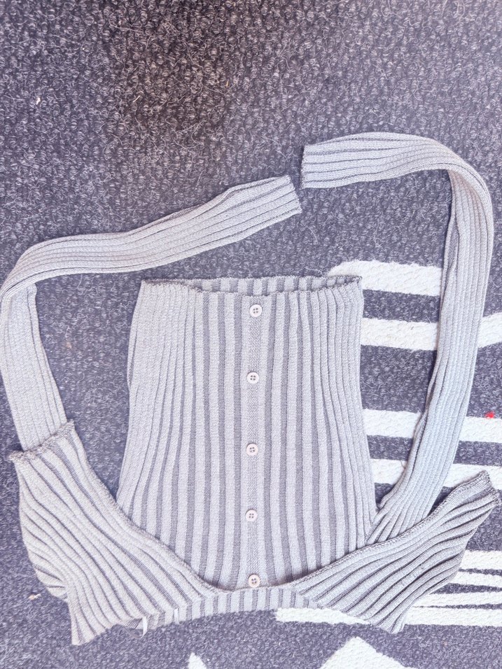 Gri Çizgili Strappy Triko Kadın Kazak - Görsel 2