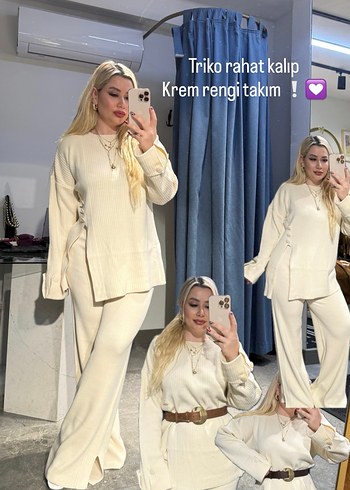 Beyaz Kadın Pamuklu Uzun Kollu triko takım - Görsel 3