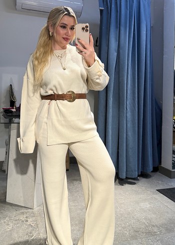 Beyaz Kadın Pamuklu Uzun Kollu triko takım - Görsel 9