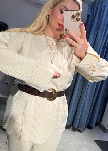 Beyaz Kadın Pamuklu Uzun Kollu triko takım - Görsel 5