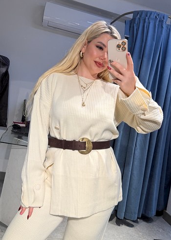 Beyaz Kadın Pamuklu Uzun Kollu triko takım - Görsel 7