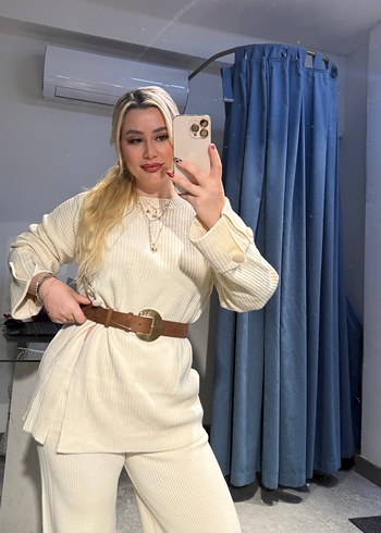 Beyaz Kadın Pamuklu Uzun Kollu triko takım - Görsel 8