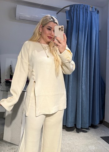 Beyaz Kadın Pamuklu Uzun Kollu triko takım - Görsel 2