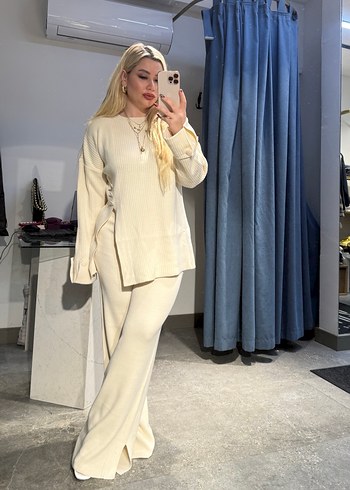 Beyaz Kadın Pamuklu Uzun Kollu triko takım - Görsel 4