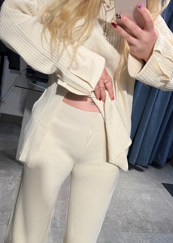 Beyaz Kadın Pamuklu Uzun Kollu triko takım - Görsel 6