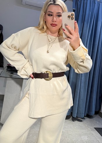 Beyaz Kadın Pamuklu Uzun Kollu triko takım - Görsel 10