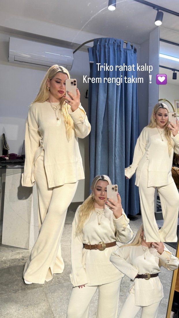 Beyaz Kadın Pamuklu Uzun Kollu triko takım - Görsel 3