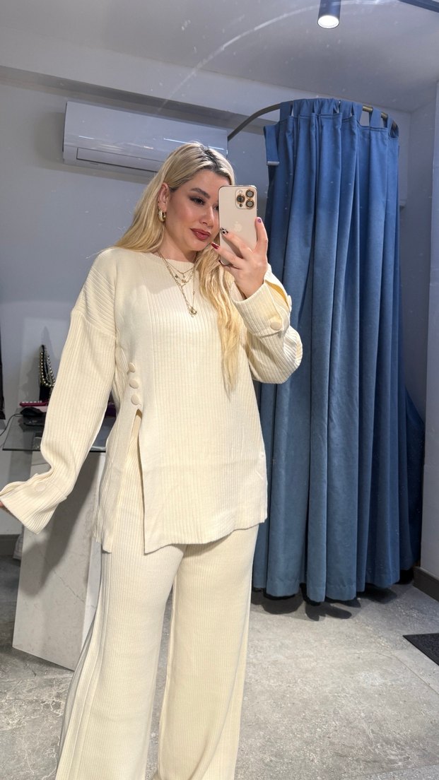 Beyaz Kadın Pamuklu Uzun Kollu triko takım - Görsel 2