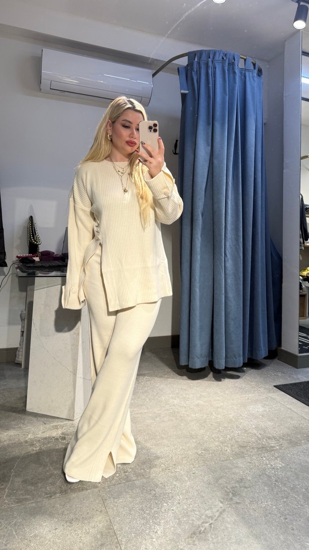 Beyaz Kadın Pamuklu Uzun Kollu triko takım - Görsel 4