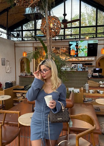 V Yaka Uzun Kollu Triko Mini Elbise - Görsel 6