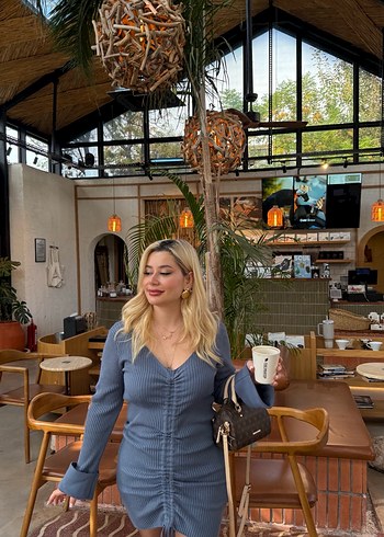 V Yaka Uzun Kollu Triko Mini Elbise - Görsel 3