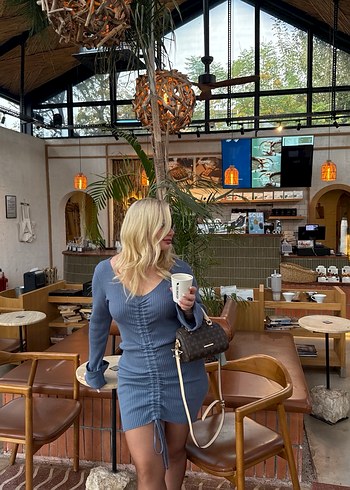 V Yaka Uzun Kollu Triko Mini Elbise - Görsel 5