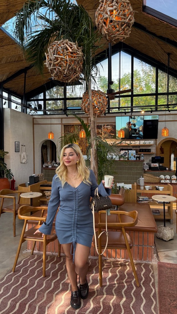 V Yaka Uzun Kollu Triko Mini Elbise - Görsel 2