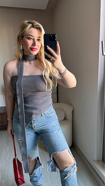 Zara Gri triko fularlı ve çiçekli