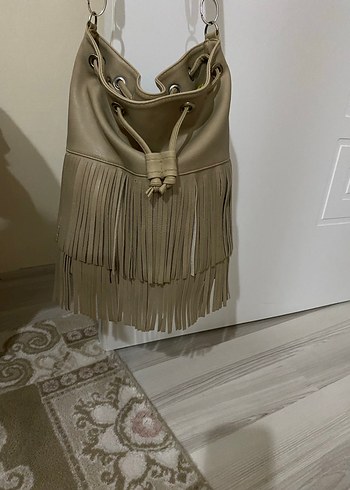 Püsküllü Bej Deri Bohem Kadın Çanta - Görsel 5