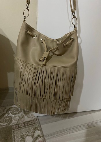 Püsküllü Bej Deri Bohem Kadın Çanta - Görsel 6
