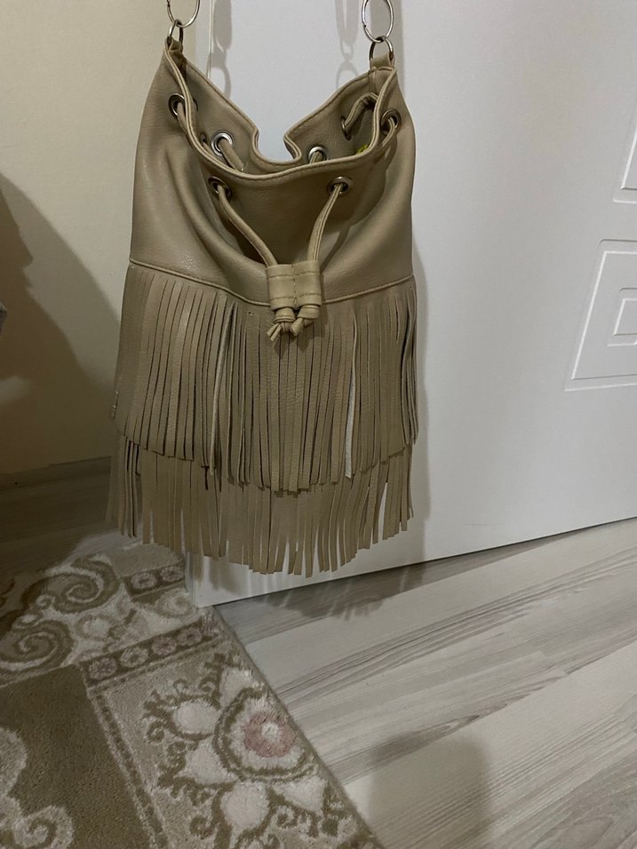 Püsküllü Bej Deri Bohem Kadın Çanta - Görsel 5