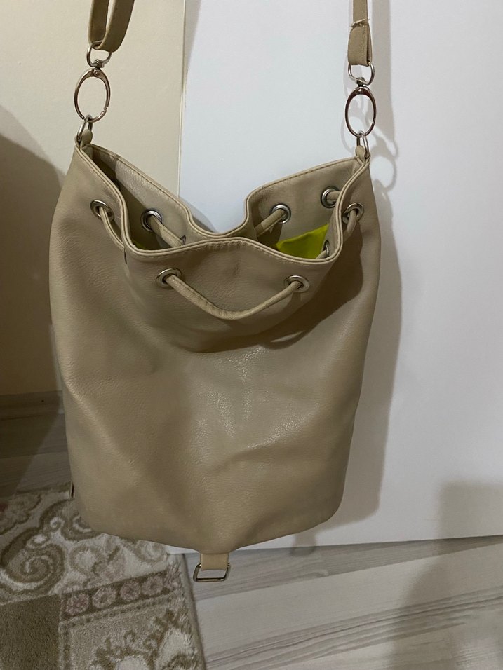 Püsküllü Bej Deri Bohem Kadın Çanta - Görsel 4