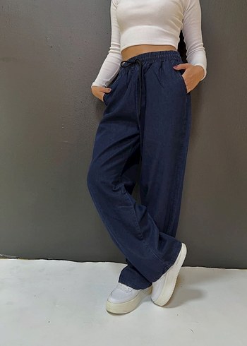 Bel Lastikli Ve Bağcıklı Lacivert Bol Kesim Denim Pantolon