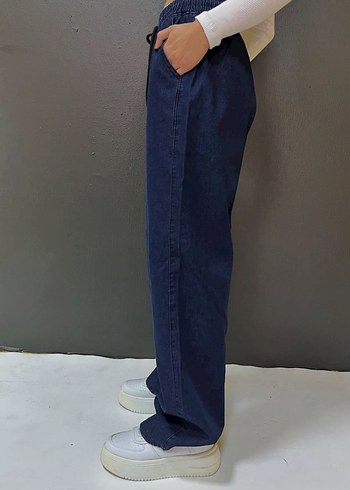 48 Beden lacivert Renk Bel Lastikli Ve Bağcıklı Lacivert Bol Kesim Denim Pantolon