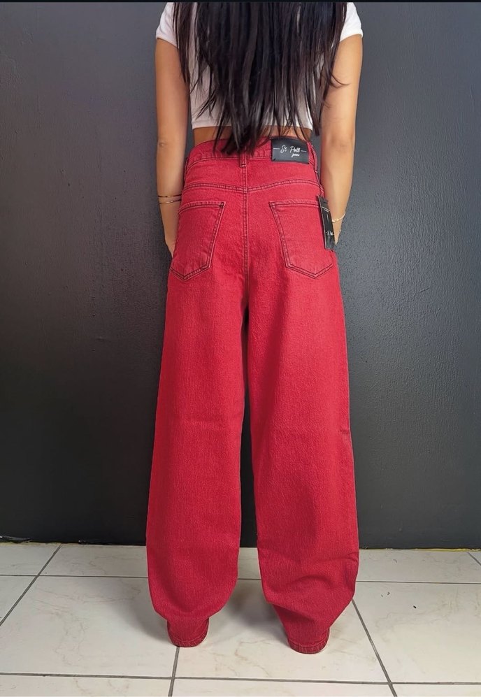 Baggy Kadın Kırmızı Beli Yüksek Bol Kesim Jean - Görsel 2