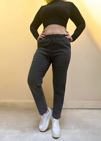 Likralı yüksek bel lastikli bağcıklı mom jean - Görsel 4