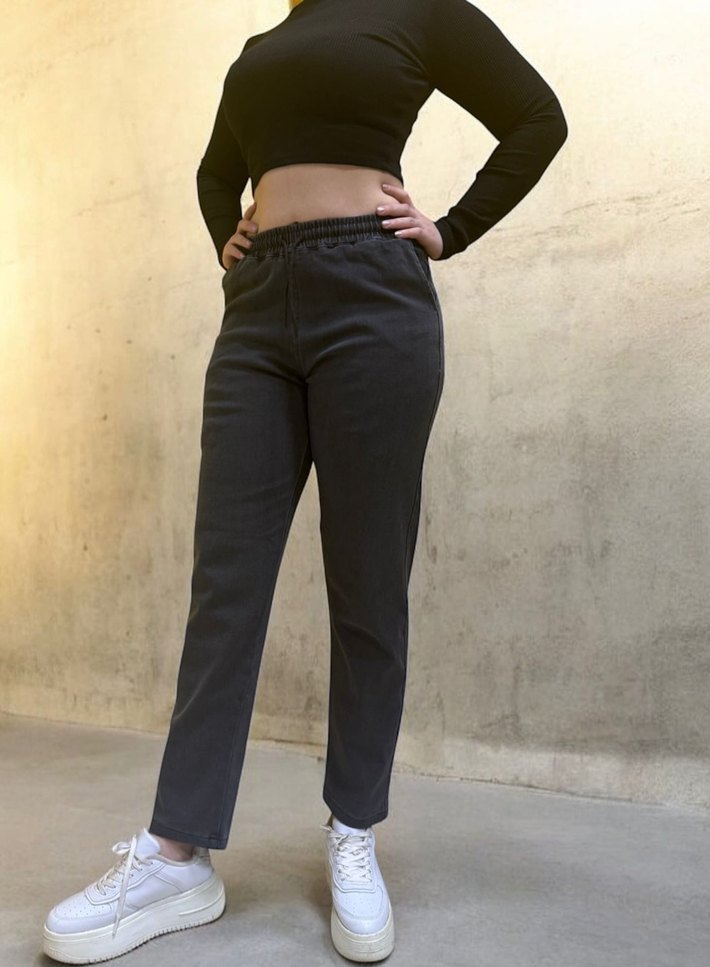 Likralı yüksek bel lastikli bağcıklı mom jean - Görsel 3