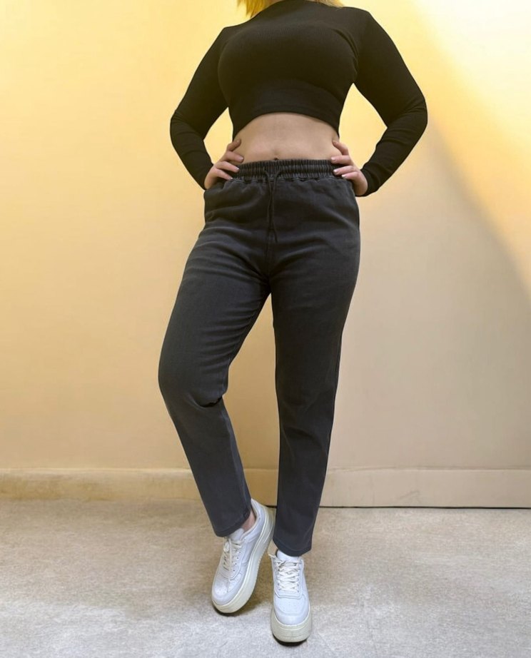 Likralı yüksek bel lastikli bağcıklı mom jean - Görsel 4