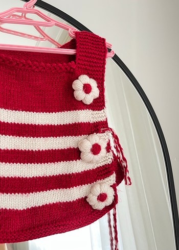 Kız Çocuk Kırmızı Çizgili Örgü Süveter - Görsel 2