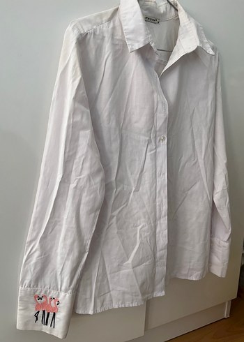 Uzun Kollu Beyaz Keten Gömlek Flamingo Baskılı - Görsel 2