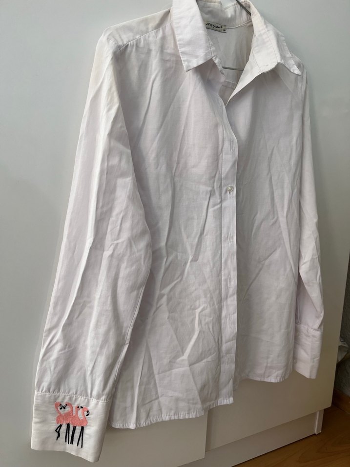 Uzun Kollu Beyaz Keten Gömlek Flamingo Baskılı - Görsel 2