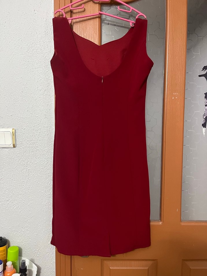 Bordo V Yaka Midi Drapeli Kadın Elbise - Görsel 2