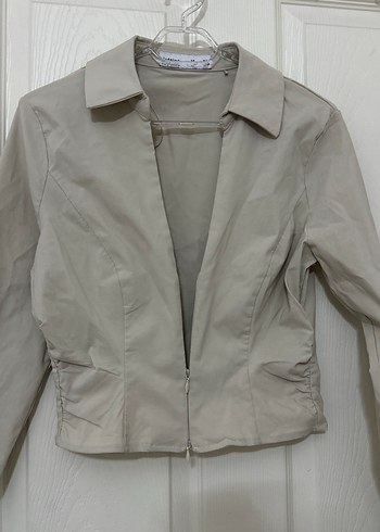 Bej Kısa Kesim Kadın Keten Gömlek lefties önü fermuarlı - Görsel 5