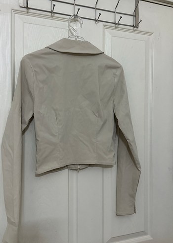 Bej Kısa Kesim Kadın Keten Gömlek lefties önü fermuarlı - Görsel 6