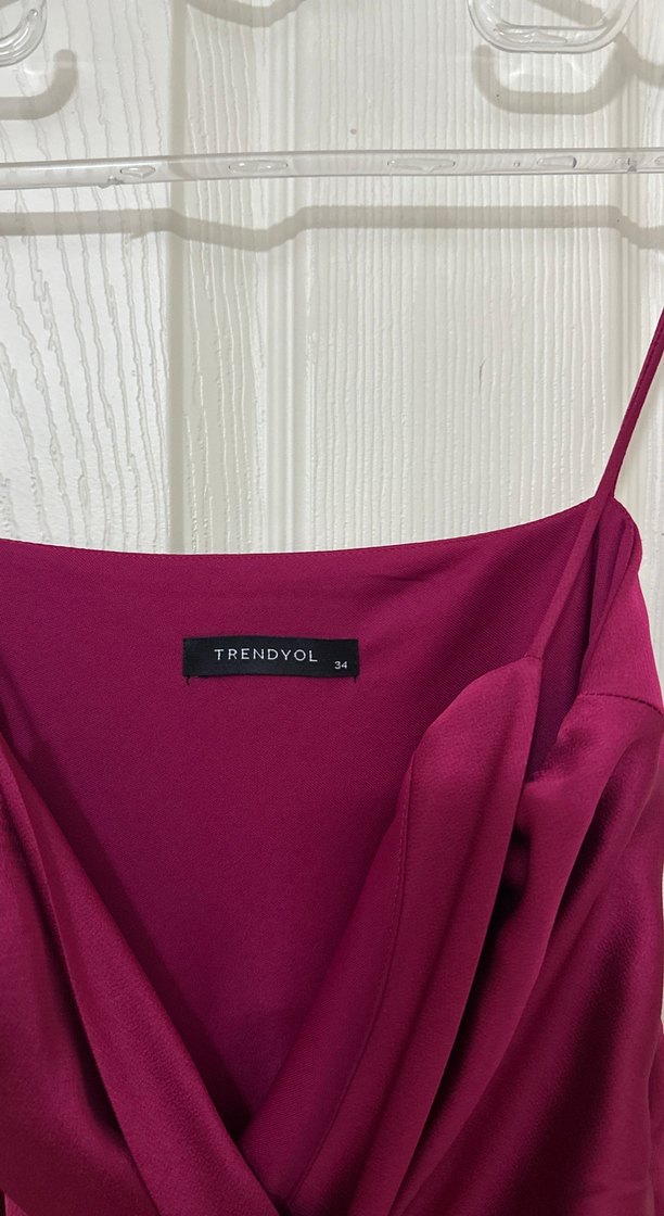 Bordo Drapeli İnce Askılı Midi Elbise - Görsel 3