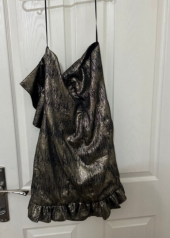 Sarı Simli fırfırlı Drapeli Mini Abiye Elbise - Görsel 4