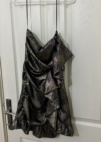 Sarı Simli fırfırlı Drapeli Mini Abiye Elbise - Görsel 2