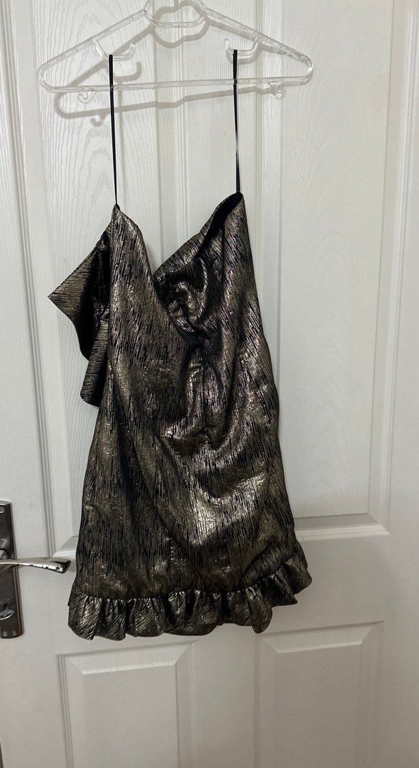 Sarı Simli fırfırlı Drapeli Mini Abiye Elbise - Görsel 4